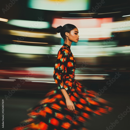 Elegant African Woman in Flowing Floral Dress Walking Through Vibrant City Lights With Motion Blur Effect