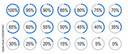 Percentage infographics minimal elements. Round diagrams icons for infographics from 0 to 100 percent. Blue, grey color fill divided pie charts indicator layout. Circle graph loading progress mockup.