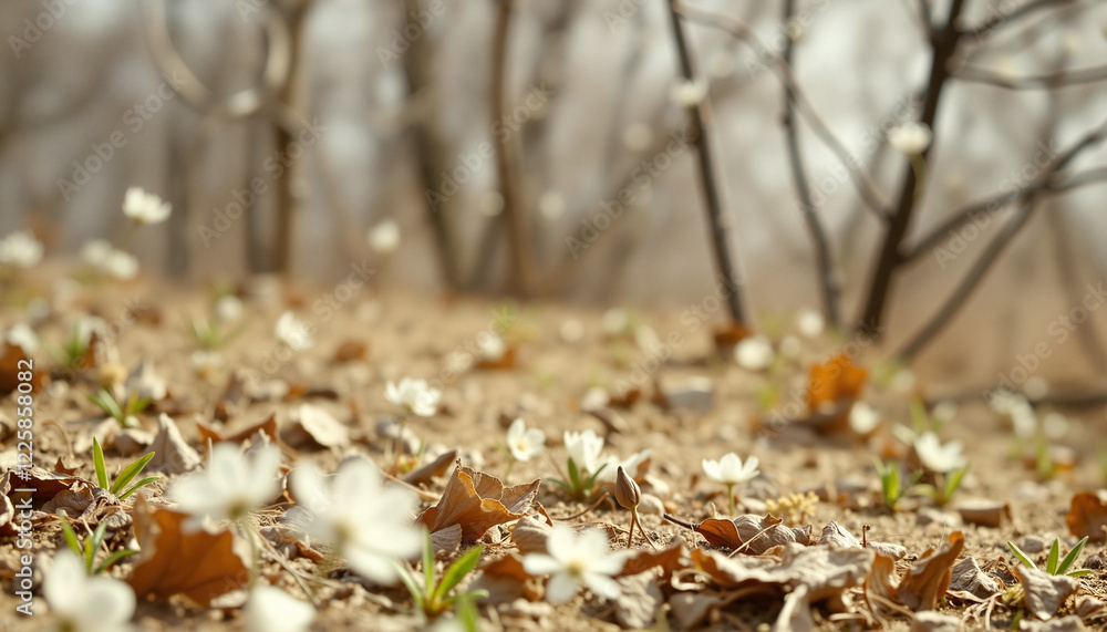 Early spring flowers emerging through fallen leaves Early spring flowers emerging through fallen leaves
