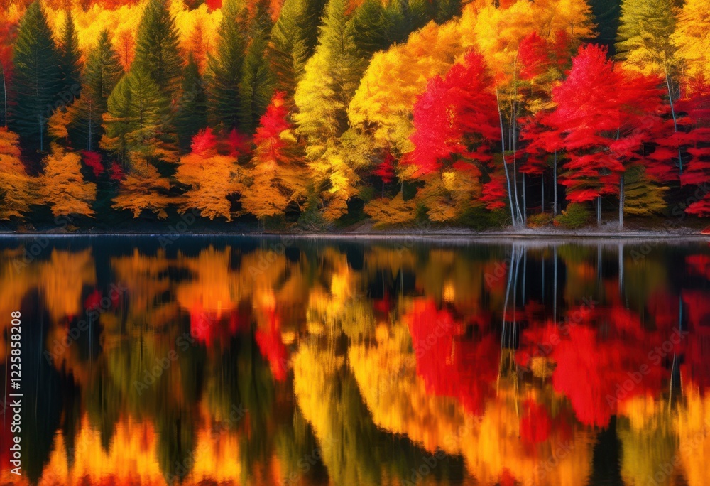 Fototapeta premium vibrant seasonal foliage reflected crystal clear tranquil water during breathtaking scenic display, autumn, colorful, leaves, reflection, surface, shimmer
