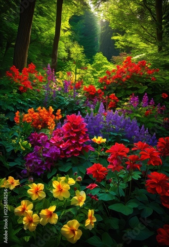 stunning display vibrant flowers surrounded lush greenery beautifully harmonious layout celebrating bounty, bloom, budding, petal, foliage, plant photo