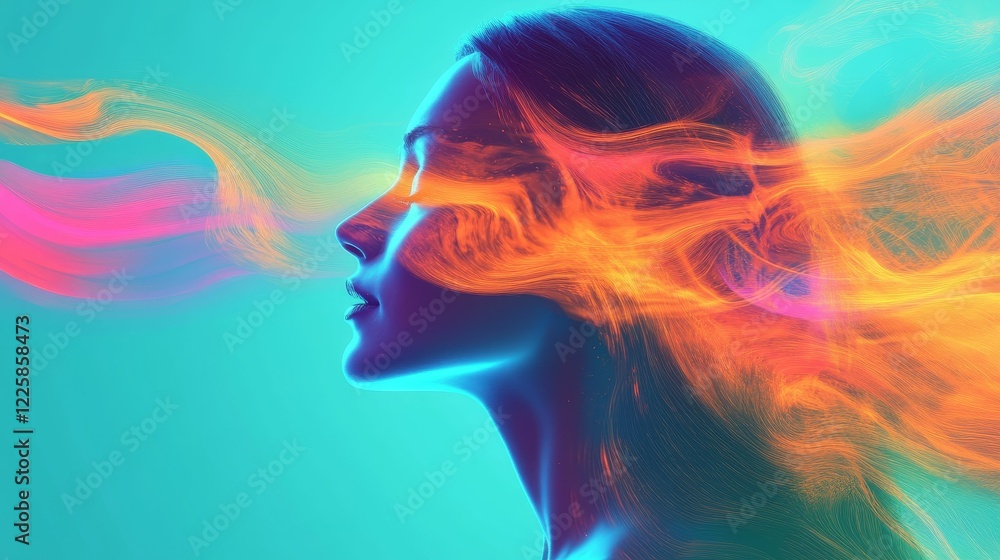 Woman's profile outlined with flowing, colorful light strands. Woman's profile outlined with flowing, colorful light strands.