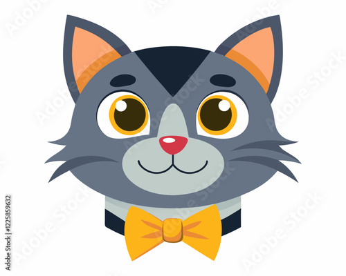 Cartoon Cat Face with Bowtie in Flat Minimalist Design