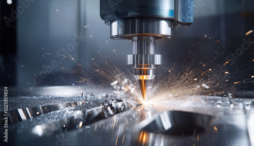 Close-up of a metal laser cutting machine producing sparks on a dark background. 
