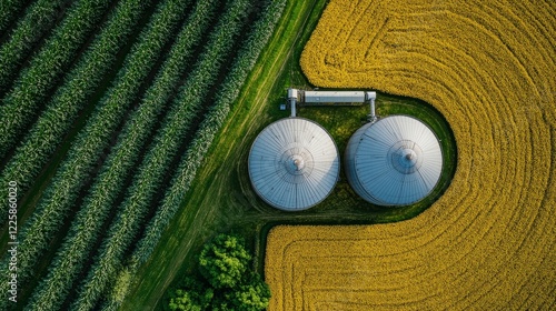 Two grain silos standing between lush green and yellow farm fields