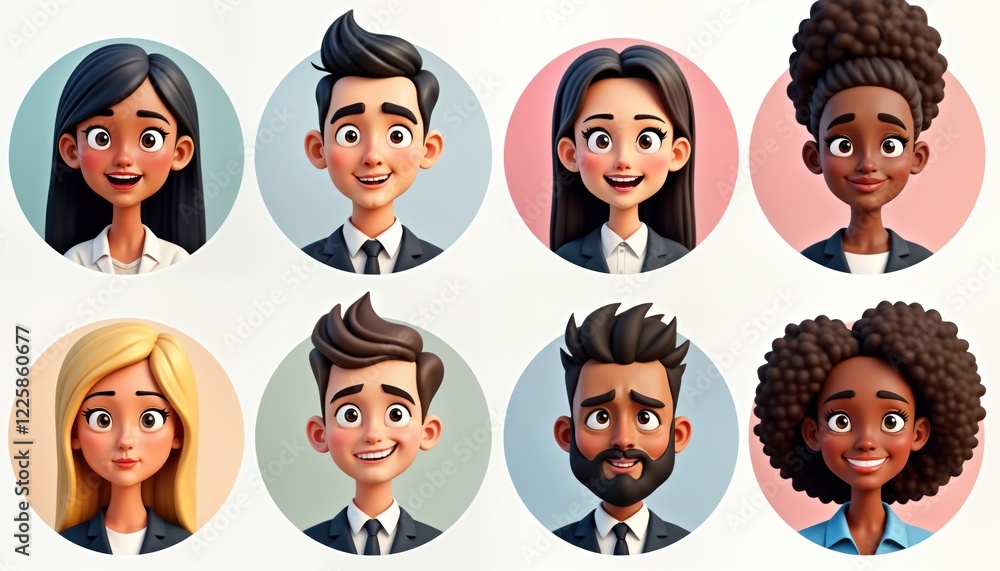 Diverse group of cartoon characters in business suits. People with different facial expressions, hairstyles. Illustration for avatar sets social media icons. Suitable for business, education web Diverse group of cartoon characters in business suits. People with different facial expressions, hairstyles. Illustration for avatar sets social media icons. Suitable for business, education web