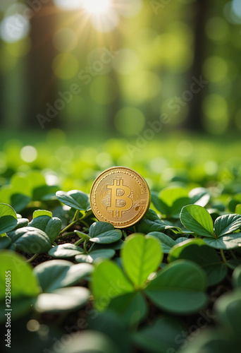 Golden Bitcoin coin among green leaves in sunlight photo