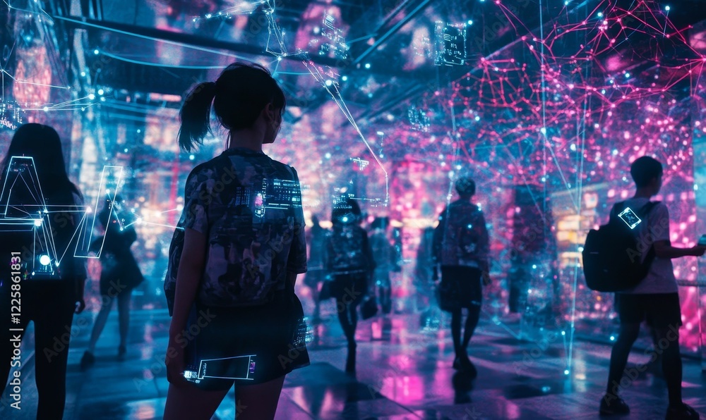 Fototapeta premium People surrounded by glowing digital network lines.