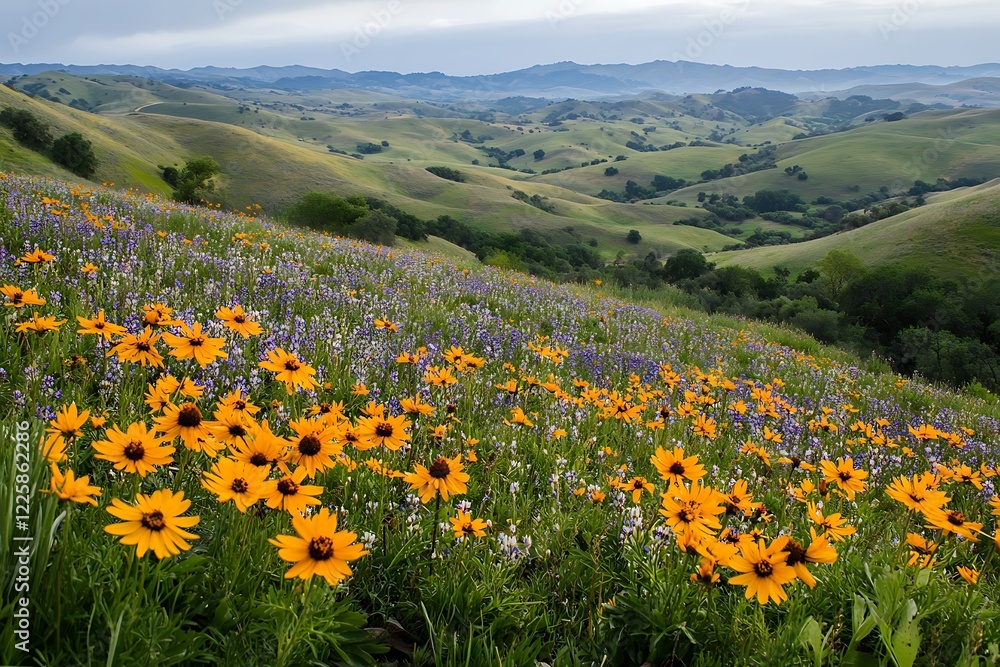 A panoramic view of rolling hills covered in a carpet of wildflowers during spring. A panoramic view of rolling hills covered in a carpet of wildflowers during spring.
