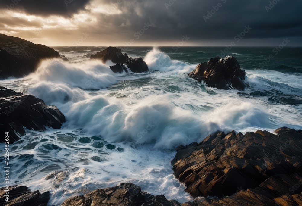 Obraz premium brilliant display vibrant waves crashing rugged seashore rocks capturing dynamic dance elements, aqua, beach, beauty, blue, coastal, colors, cliffs