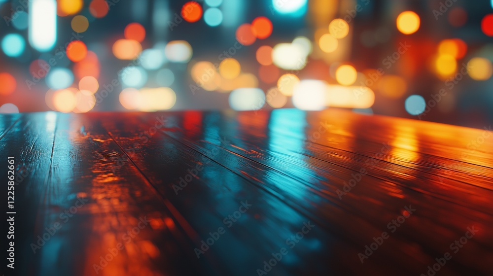 Dark Walnut Wood Table Reflecting Neon Orange & Red Lights from Vibrant Cityscape Bokeh in Close-Up Framing Dark Walnut Wood Table Reflecting Neon Orange & Red Lights from Vibrant Cityscape Bokeh in Close-Up Framing