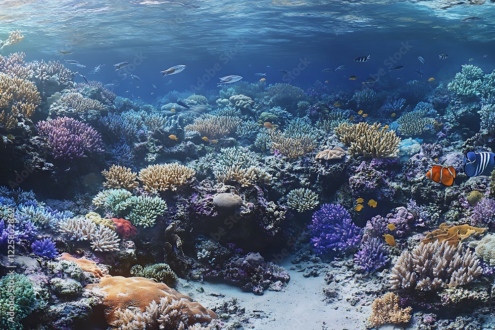 Fototapeta premium A panoramic view of a bustling coral reef at high tide, with fish swimming among the corals.