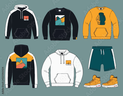 Set of Clothing Mockup Template - Apparel Vector Mockups Bundle Streetwear Tech Pack Template Streetwear Mockups Clothing Brand Fashion Techpack