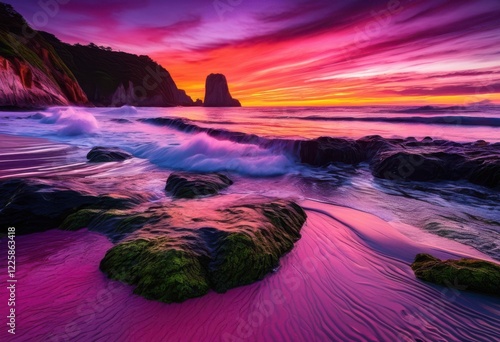 stunning vibrant coastal landscapes featuring breathtaking sunset hues rich color palettes majestic ocean views, beach, shore, wave, sky, horizon, clouds
