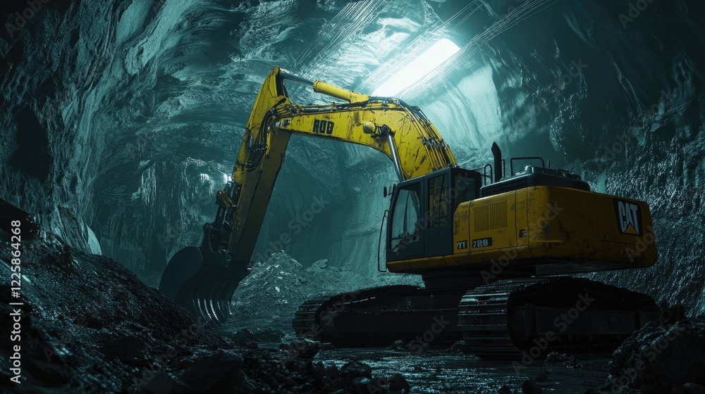 A powerful robotic excavator operates in a deep underground tunnel, its bright yellow body contrasted by the dark, futuristic environment illuminated by industrial lighting A powerful robotic excavator operates in a deep underground tunnel, its bright yellow body contrasted by the dark, futuristic environment illuminated by industrial lighting