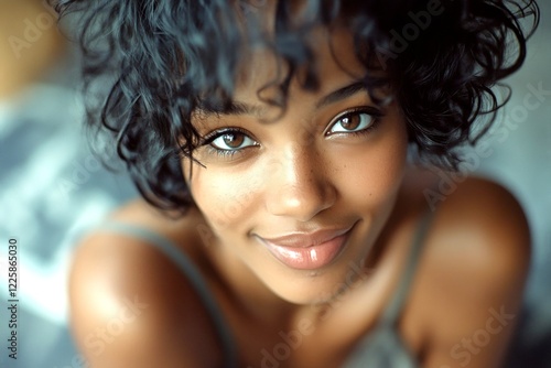 Commercial ad campaign concept art art. Lovely smiling black girl - for ads, avenue poster and social networks use. Short coiffure - curly hair. Black woman glamour look. Elegant black model. photo