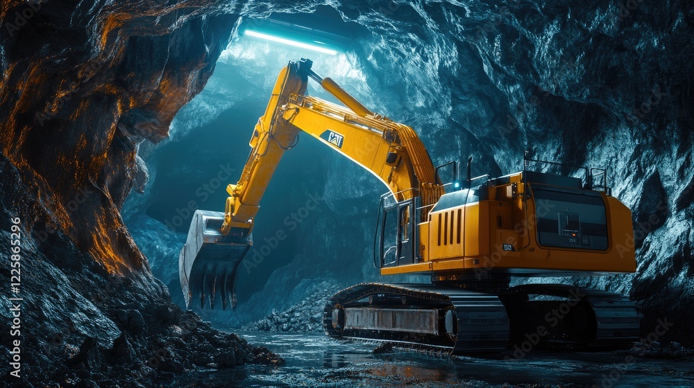 A powerful robotic excavator operates in a deep underground tunnel, its bright yellow body contrasted by the dark, futuristic environment illuminated by industrial lighting