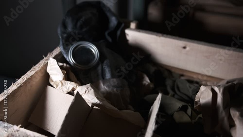 Old black Soviet gas mask in a wooden crate sealed with paper seals in a bomb shelter vintage military equipment emergency supplies civil defense survival gear retro protection