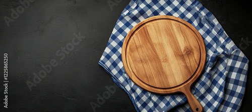 Rustic Wooden Pizza Board on Blue Gingham Cloth photo