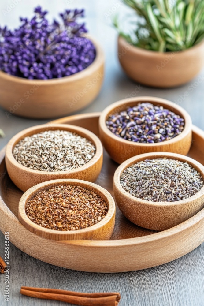 Harmonious arrangement of dried herbs and spices creating a rustic and organic aesthetic with natural tones evoking tranquility and warmth