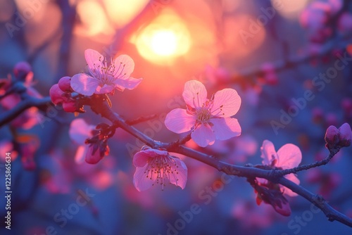 Vibrant blossoms greet the dawn. Generative AI photo