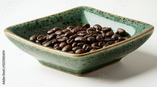 Dark roasted coffee beans in a square ceramic bowl photo