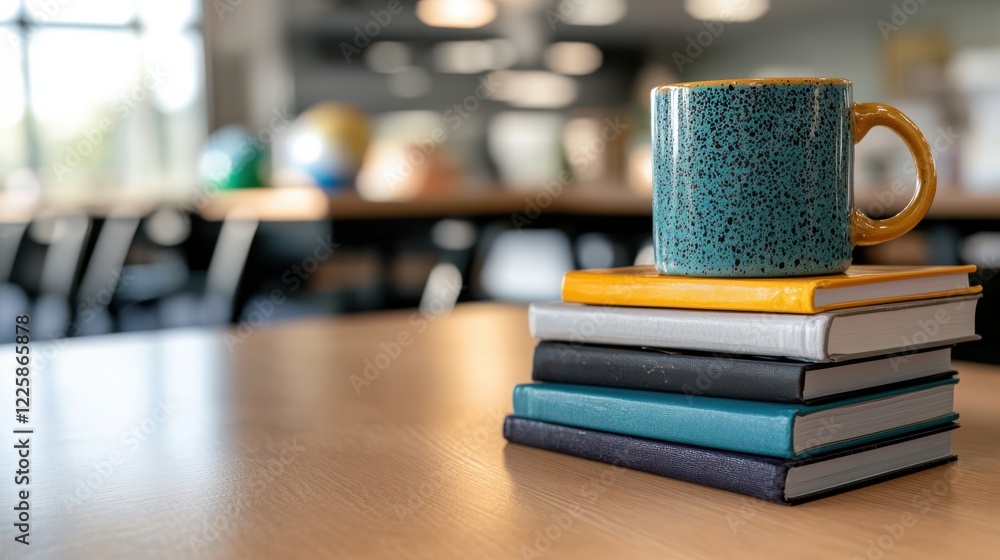 A tranquil classroom scene features a stack of books and a mug on a desk, with a distant view of mountains blending indoors and nature. A tranquil classroom scene features a stack of books and a mug on a desk, with a distant view of mountains blending indoors and nature.