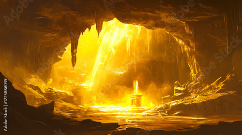 Ancient cave system with stalactites and stalagmites under golden lighting. Golden Cavern. Illustration photo