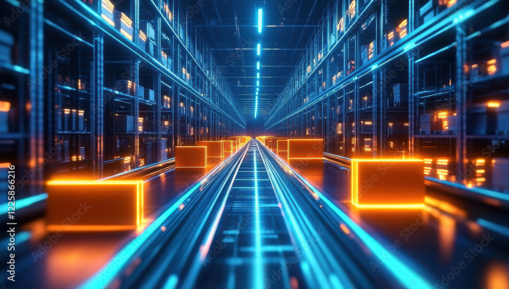 Obraz premium Smart warehouse management system using augmented reality technology to identify package picking and delivery . Future concept of supply chain and logistic busines