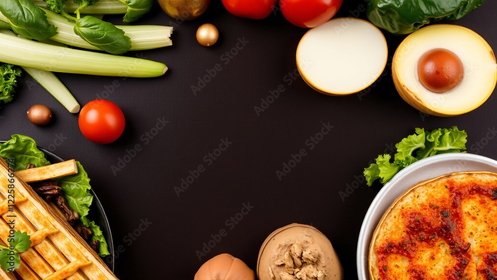 Gourmet Food Flat Lay with Copy Space Waffles, Pizza, Vegetables, and Avocado Gourmet Food Flat Lay with Copy Space Waffles, Pizza, Vegetables, and Avocado