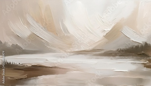 Vibrant Abstract Oil Painting Showcasing Neutral Beige and White Brushstrokes and Palette Knife Textures, Evoking a Sense of Tranquility and Minimalism. photo