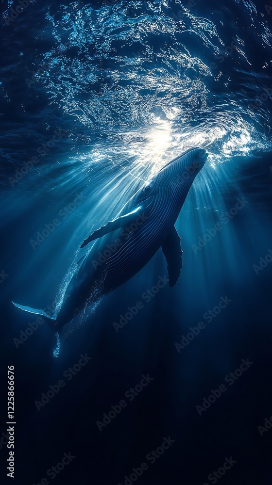 Fototapeta premium HD Phone Wallpaper Majestic Humpback Whale Underwater Ocean Wildlife Sunbeams Deep Blue Sea