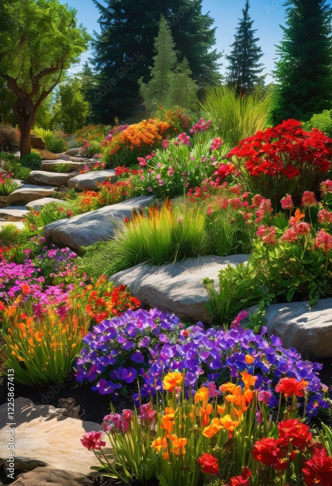 captivating vibrant flower bed displaying colorful plants elegantly arranged decorative stones beneath clear sky, aesthetic, arrangement, attraction captivating vibrant flower bed displaying colorful plants elegantly arranged decorative stones beneath clear sky, aesthetic, arrangement, attraction
