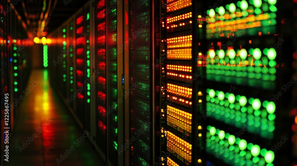 Fototapeta premium Data center. abstract digital warehouse. Server room of clouds computing technology. Server farm communication with internet. Network connection and information exchange lights glow in the dark.