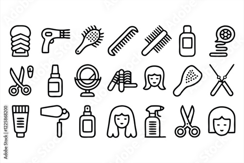 set of  outline icons related to hair care  line 