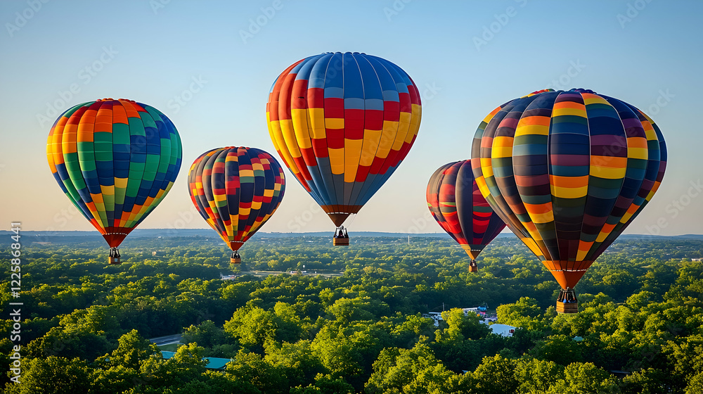 Obraz premium Colorful hot air balloons soar over a tranquil landscape at sunrise; perfect for travel, adventure, and freedom themes
