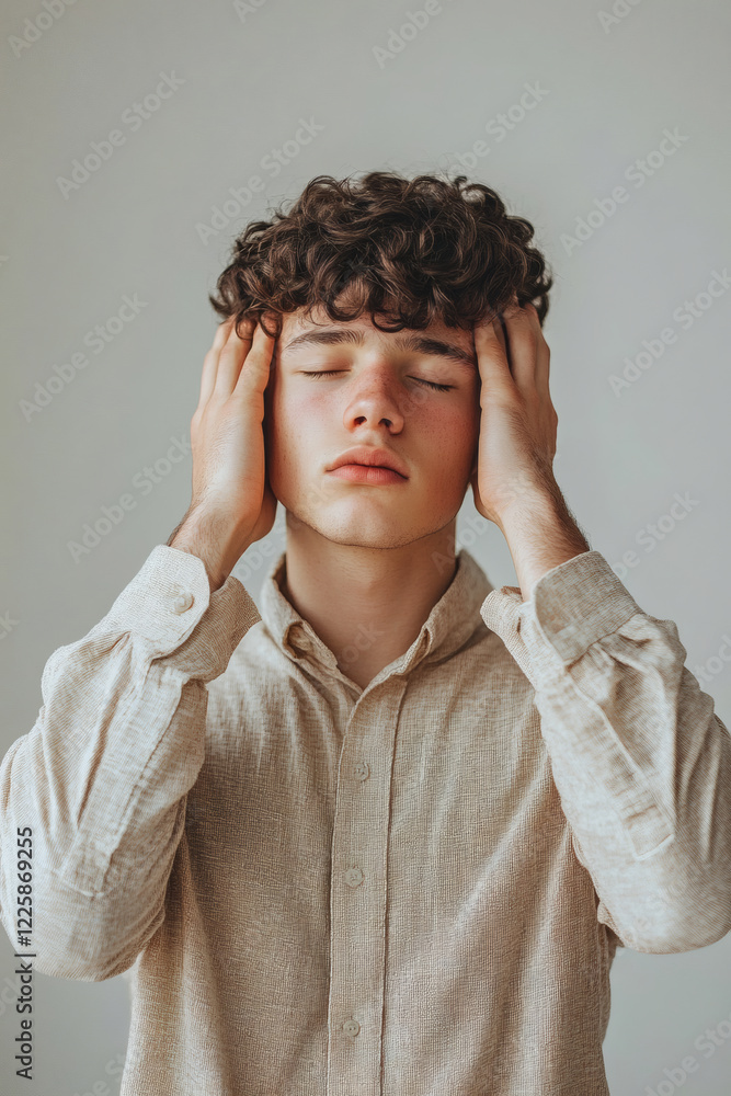 A teenage boy with a hypersensitivity to sound covering his ears A teenage boy with a hypersensitivity to sound covering his ears