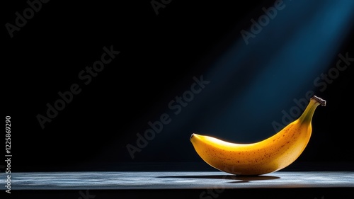 Isolated banana illuminated by spotlight on dark background displaying dramatic lighting