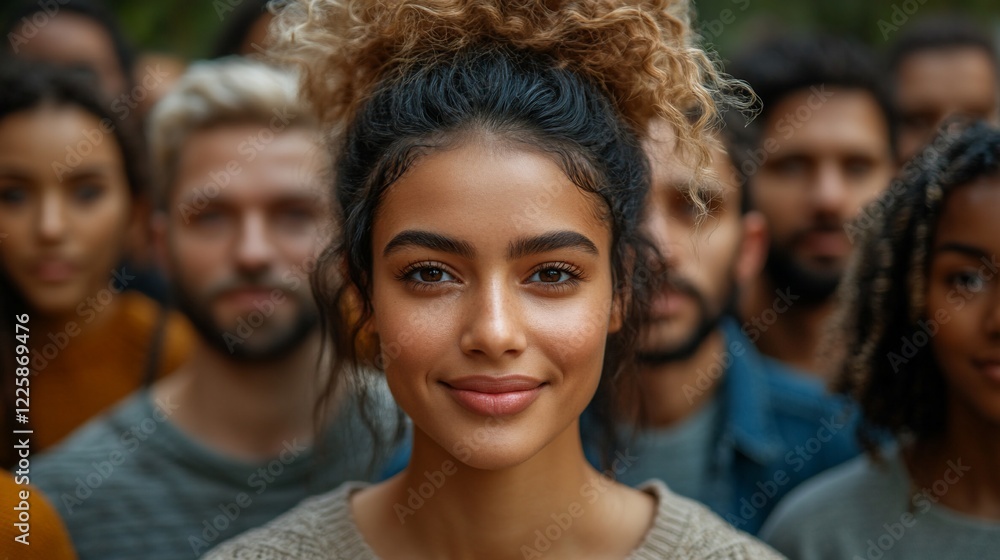 Fototapeta premium Woman smiling in diverse crowd.