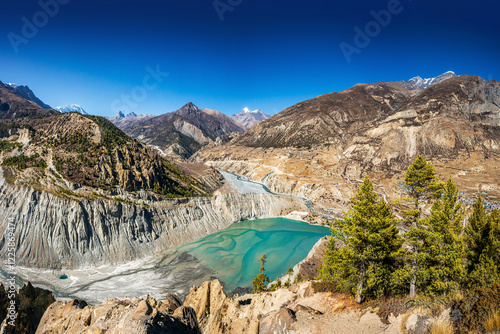 Himalaya mountains in autumn. Gangapurna Tal lake and the rocky mountains around it. Chongkor viewpoint near Manang village, a good place for acclimatisation on Annapurna circuit trekking, Nepal. photo