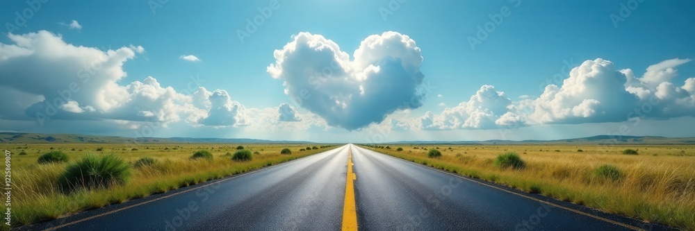 Fototapeta premium Asphalt road vanishing point, heart-shaped cloud formation , journey, feeling