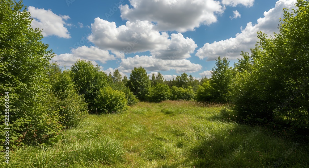 Sunny Meadow Path Landscape with Lush Green Trees and Blue Sky Sunny Meadow Path Landscape with Lush Green Trees and Blue Sky
