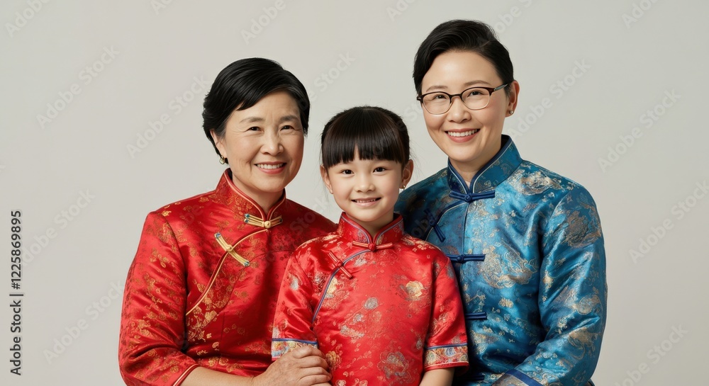 Generational harmony in traditional asian attire for family heritage celebrations Generational harmony in traditional asian attire for family heritage celebrations