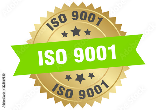 iso 9001. iso 9001 round green and gold label isolated on transparent background