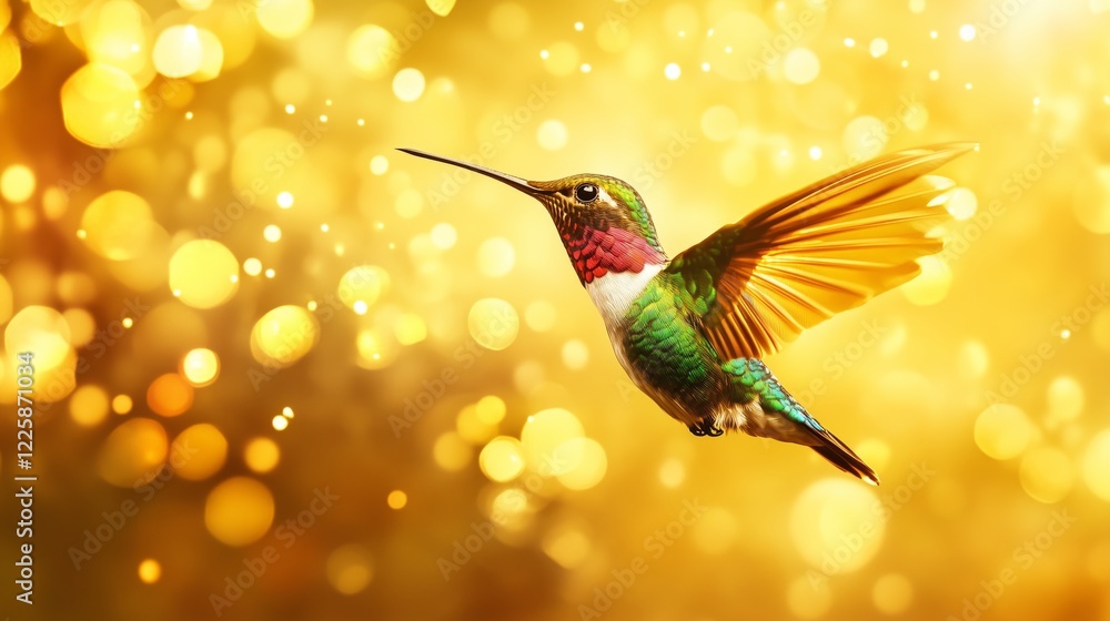 Naklejka premium A Rainbow Hummingbird Soaring Through Golden Light