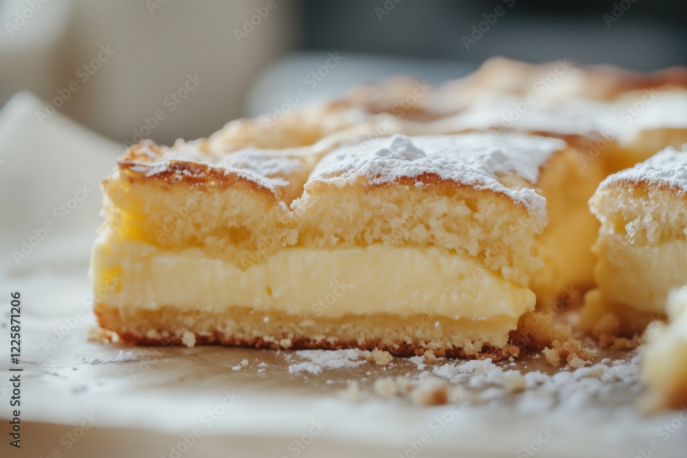 rustic, buttery gooey cake in pastel butter yellow color with a soft, custard-like center and a delicately cracked surface dusted with powdered sugar rustic, buttery gooey cake in pastel butter yellow color with a soft, custard-like center and a delicately cracked surface dusted with powdered sugar