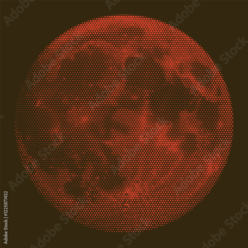 Vintage nostalgic red moon illustration with halftone dot effect pattern in retro space and futuristic styles in warm earthy tones. Pointillism. Noisy grainy shading using dots. Vector illustration