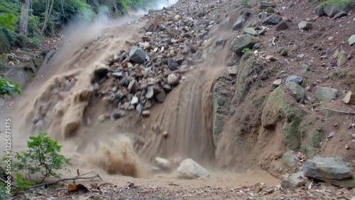 A powerful landslide cascading through a forested mountainous region, with rocks and debris tumbling down the slopes, the raw force of nature, themes of geological activity, natural disasters
