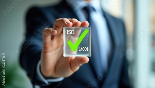 Businessman displays ISO 14001 certification. Man holds transparent block with green checkmark, standard. Success in eco friendly business. Modern business concept. Pro achievement. Sustainable photo