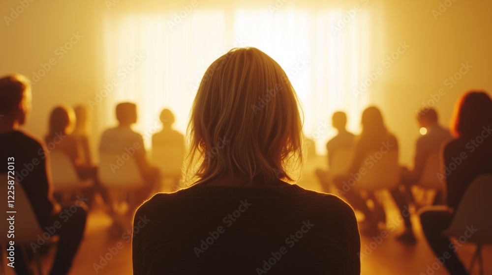 Fototapeta premium rear view of a blonde woman engaged in group therapy